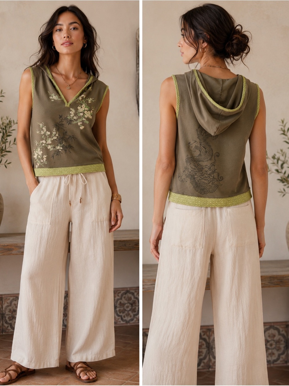 AU LEIU Olive Floral Hooded Tank Top Cherry Blossom Dragon Boho
